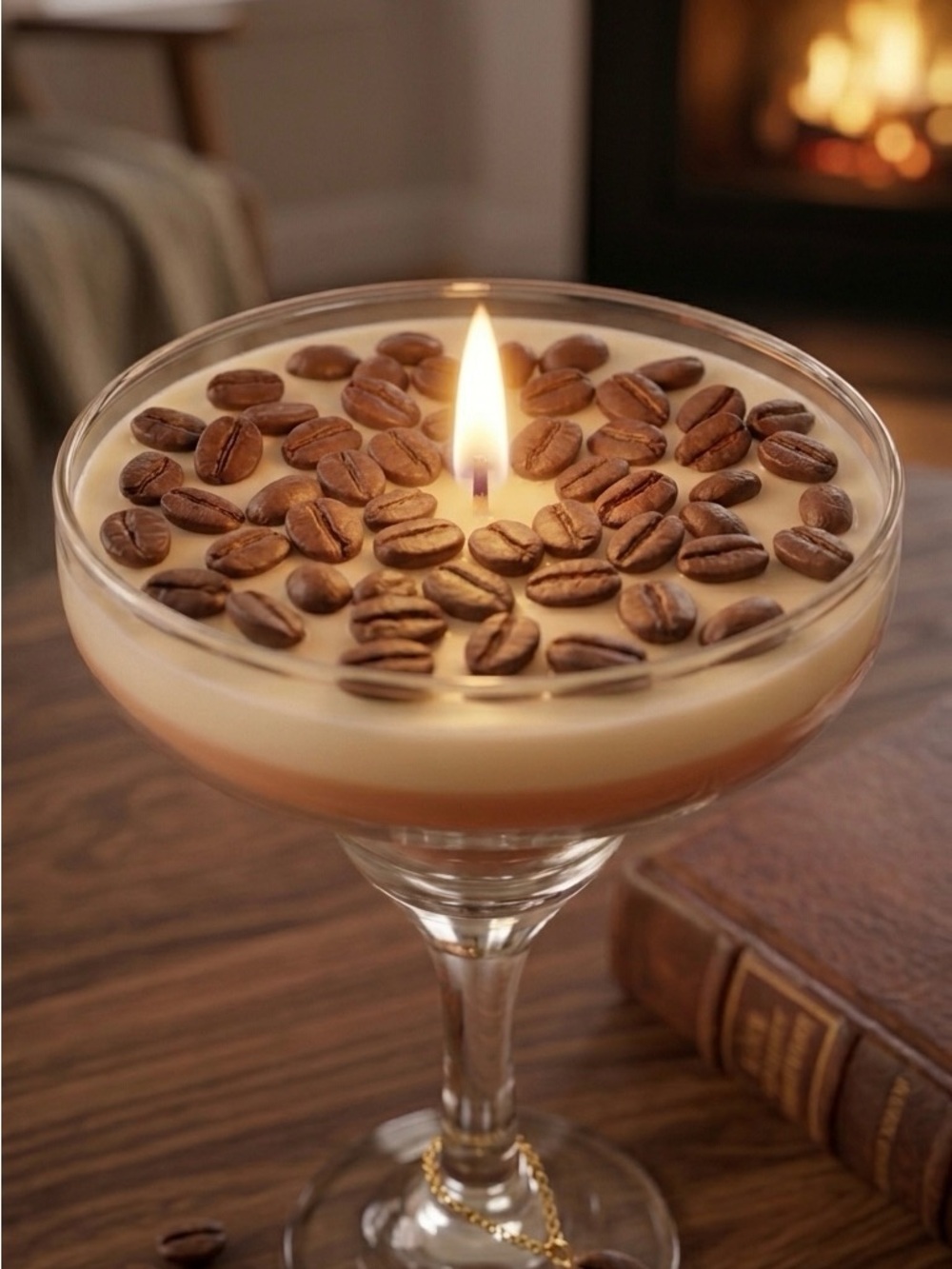 Layered Coffee Beans  Candle in Glass Coupe - Cream & Brown _ Coffee fragrance